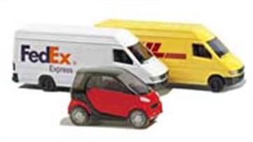 A range of diecast model cars in 1/160 scale (European N),but also suitable for British N gauge model railways.