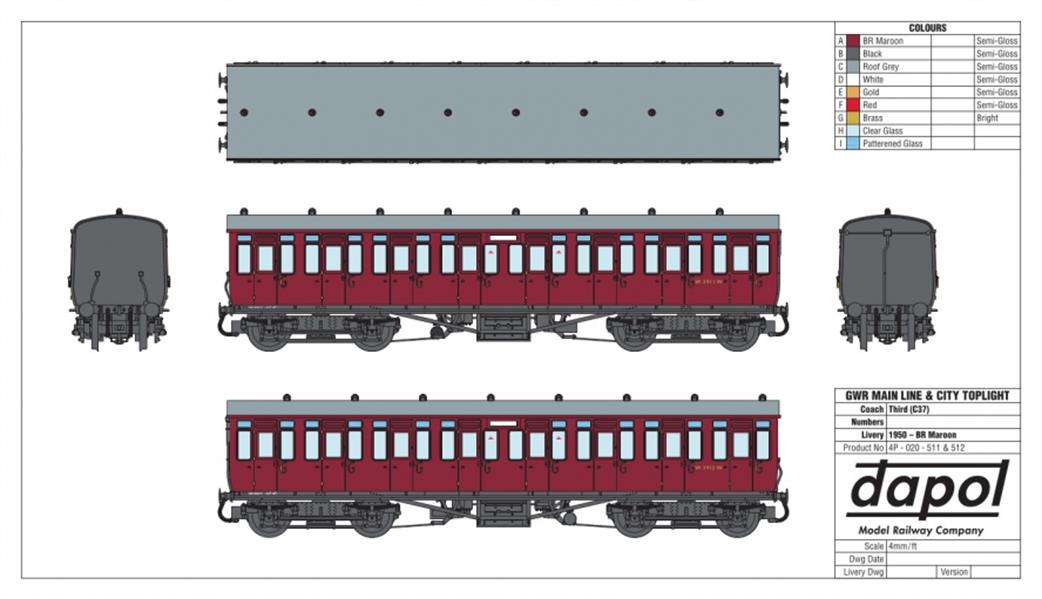 Dapol OO GWR toplight full third coach br crimson