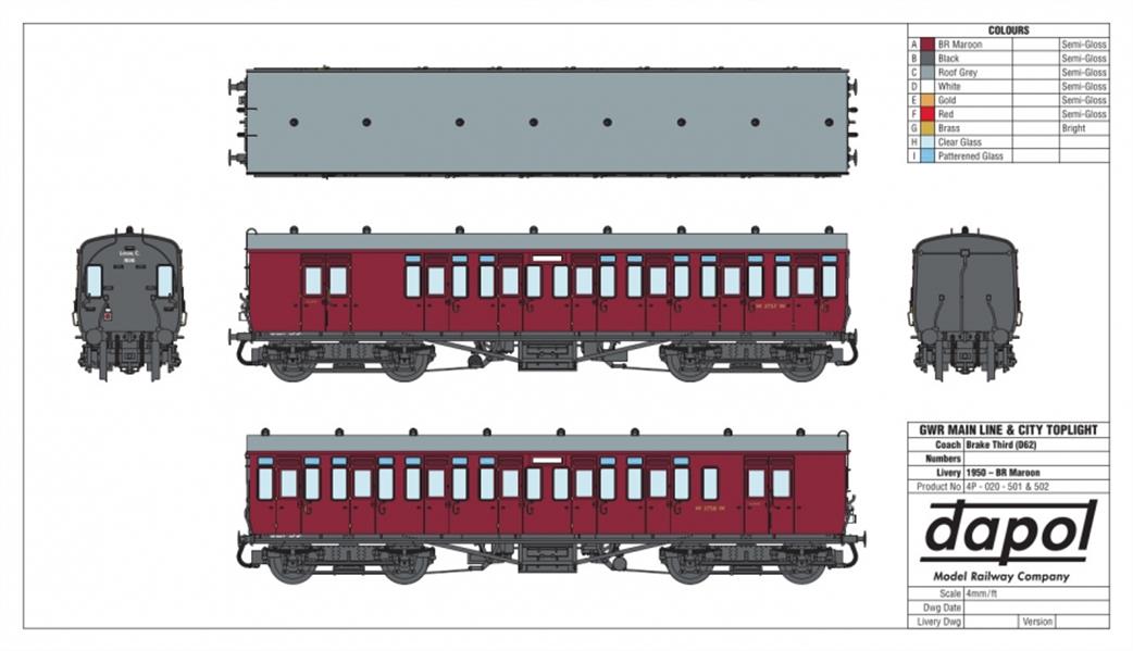 Dapol OO GWR toplight barke third coach br crimson