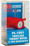TwistLock is still a basic electric solenoid motor, for operating turnouts powered by a normal 16vDC supply (can take up to 3 amps), is fully compatible with all PECO turnouts up to O gauge and many other proprietary brands to. The mounting of the point motor is greatly simplified by the Twistlock system and cabling is connected, reducing the need for soldering of wires to the terminals. PL-1001 supplied with DPDT switch for crossing polarity switching etc.
