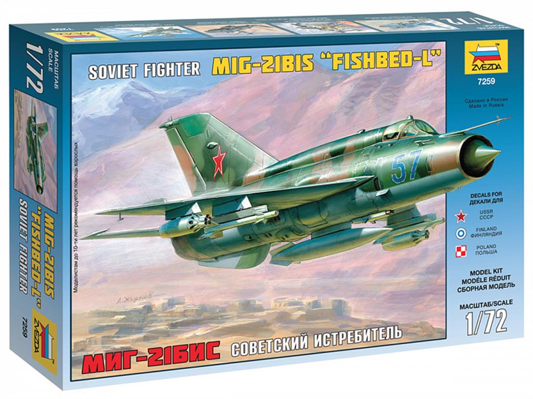 Zvezda 1/72 7259 Mig 21 Bis Soviet Fighter Jet Plastic Kit