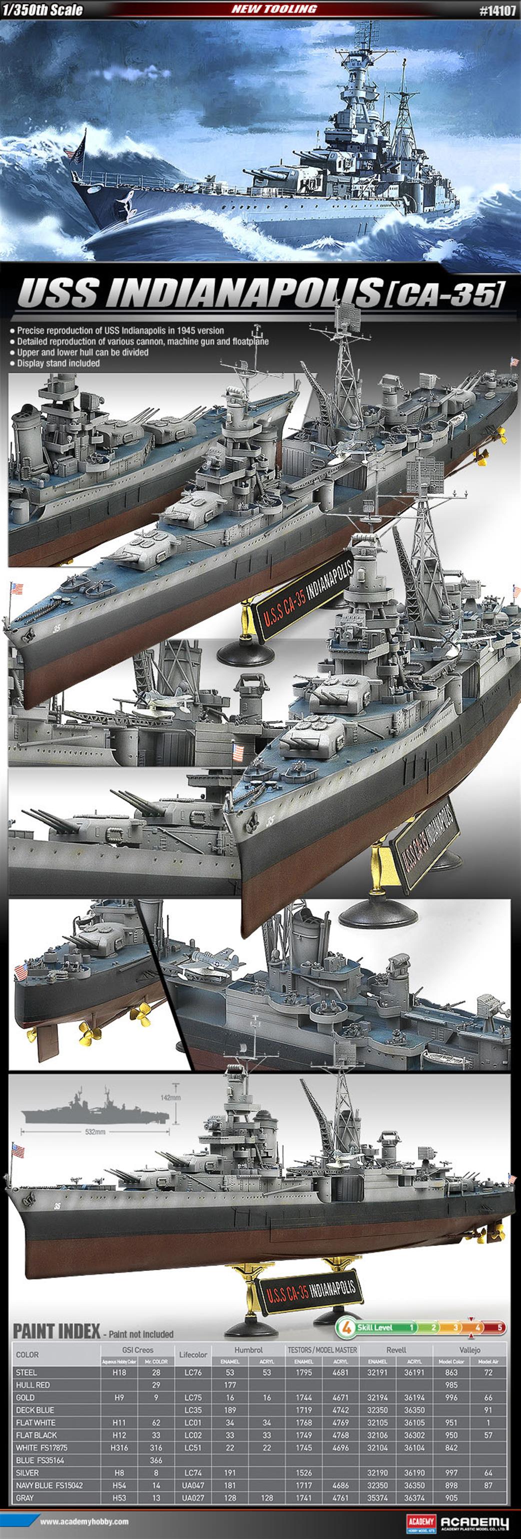 Academy 1/350 14107 USS Indianapolis WW2 Cruiser CA-35 1945 Plastic Kit