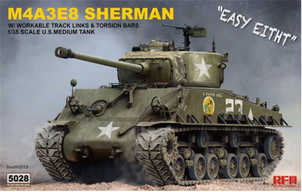 Rye Field Model 1/35 5028 US Sherman M4A3E8 Tank Kit with workable Track Links