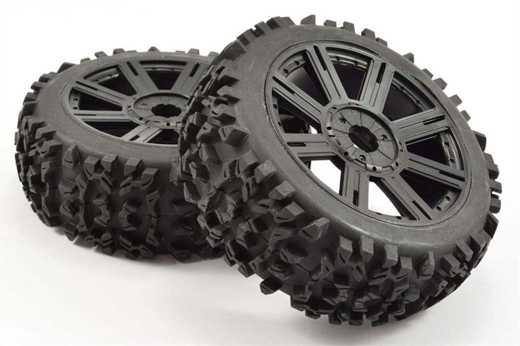 Fastrax 1/8 FAST1005B Maze Block Mounted Tyre Mounted on 8 Spoke Black Wheel 1 Pair