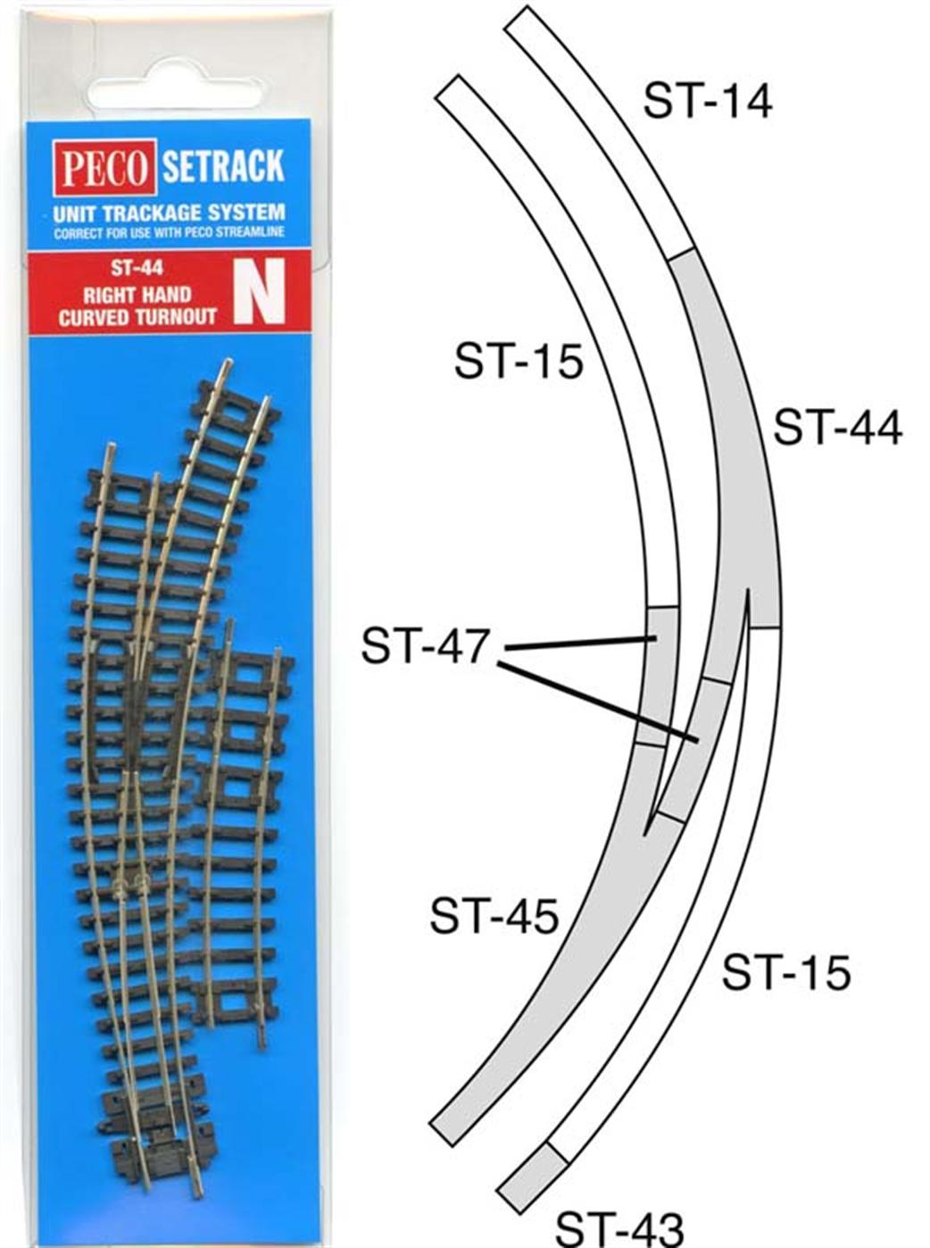 Peco N ST-44 Setrack Right Hand Double Radius Curved Turnout