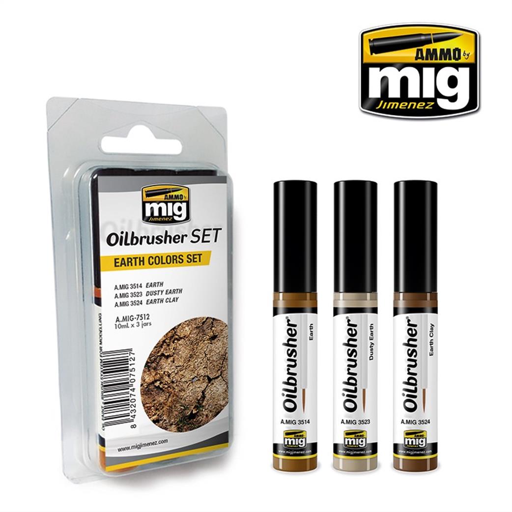 Ammo of Mig Jimenez  A.MIG-7512 Earth Colours Oilbrusher Set 3 x 10ml Jars