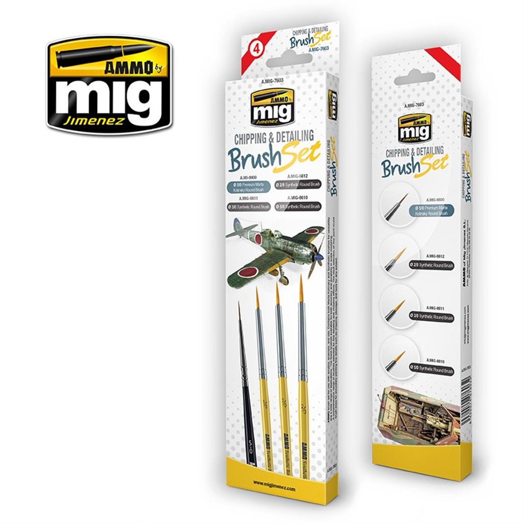 Ammo of Mig Jimenez  A.MIG-7603 Chipping & Detailing Brush Set Pack of 4 Paint Brushes