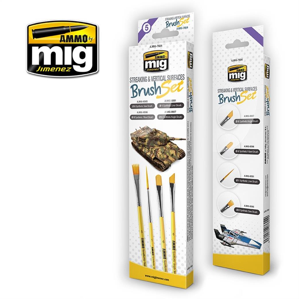 Ammo of Mig Jimenez  A.MIG-7604 Streaking & Vertical Surfaces Brush Set Pack of 4 Paint Brushes