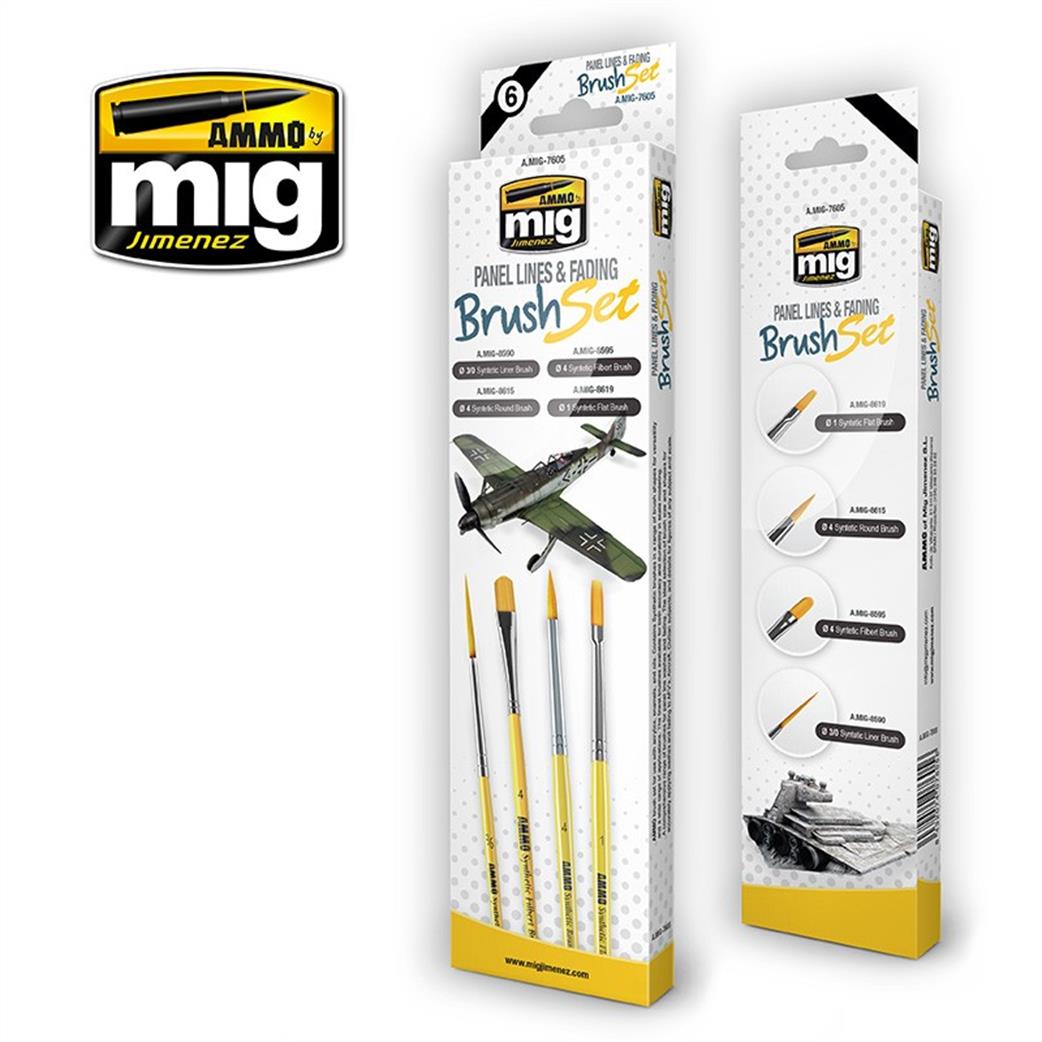 Ammo of Mig Jimenez  A.MIG-7605 Panel Lines & Fading Brush Set Pack of 4 Paint Brushes