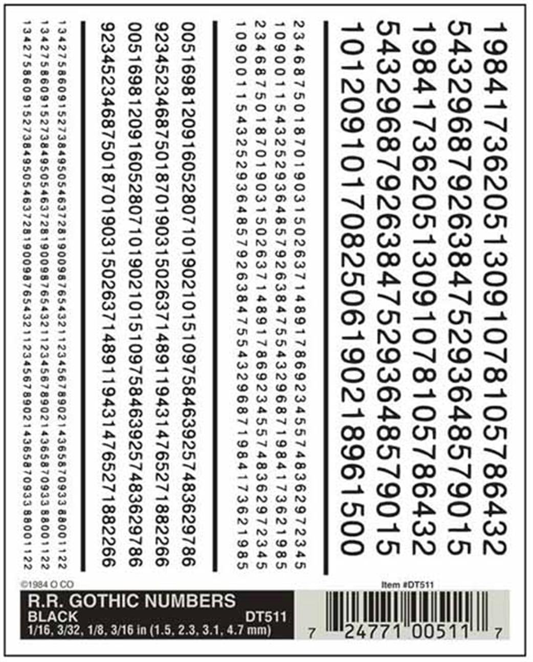 Woodland Scenics  DT511 Dry Transfer Decals Railroad Gothic Numbers Black