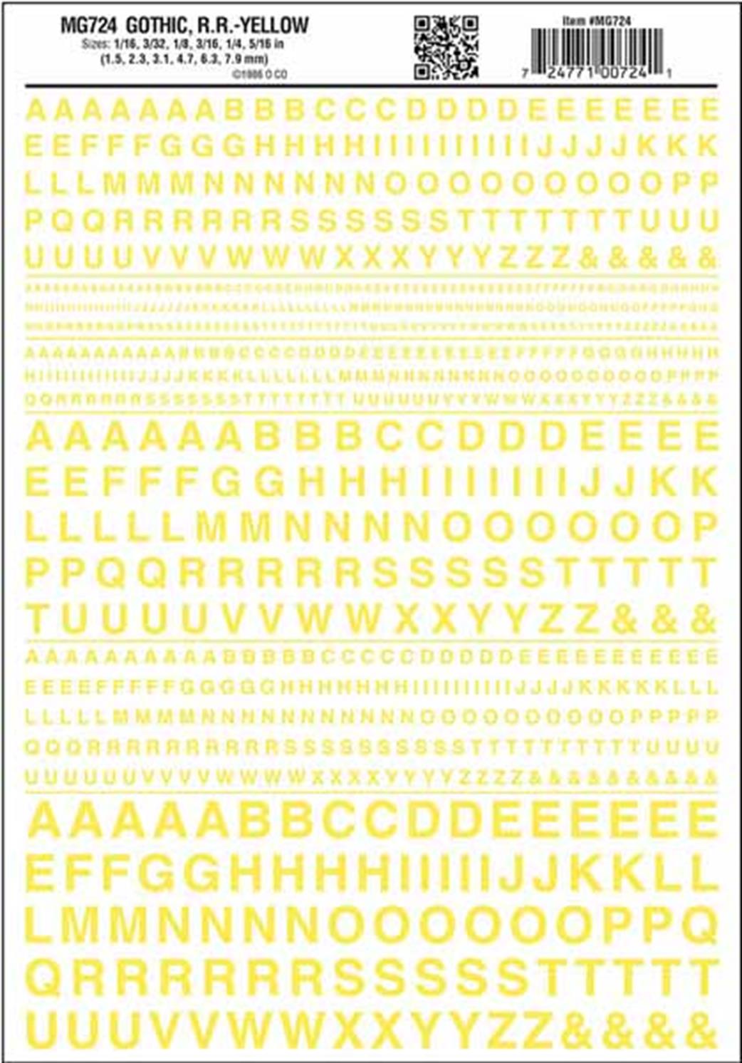 Woodland Scenics  MG724 Dry Transfer Decals Railroad Gothic Lettering Yellow