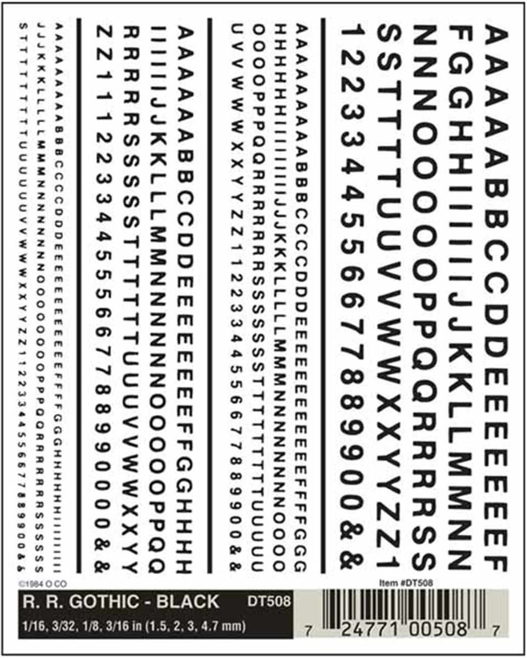 Woodland Scenics  DT508 Dry Transfer Decals Railroad Gothic Lettering Black