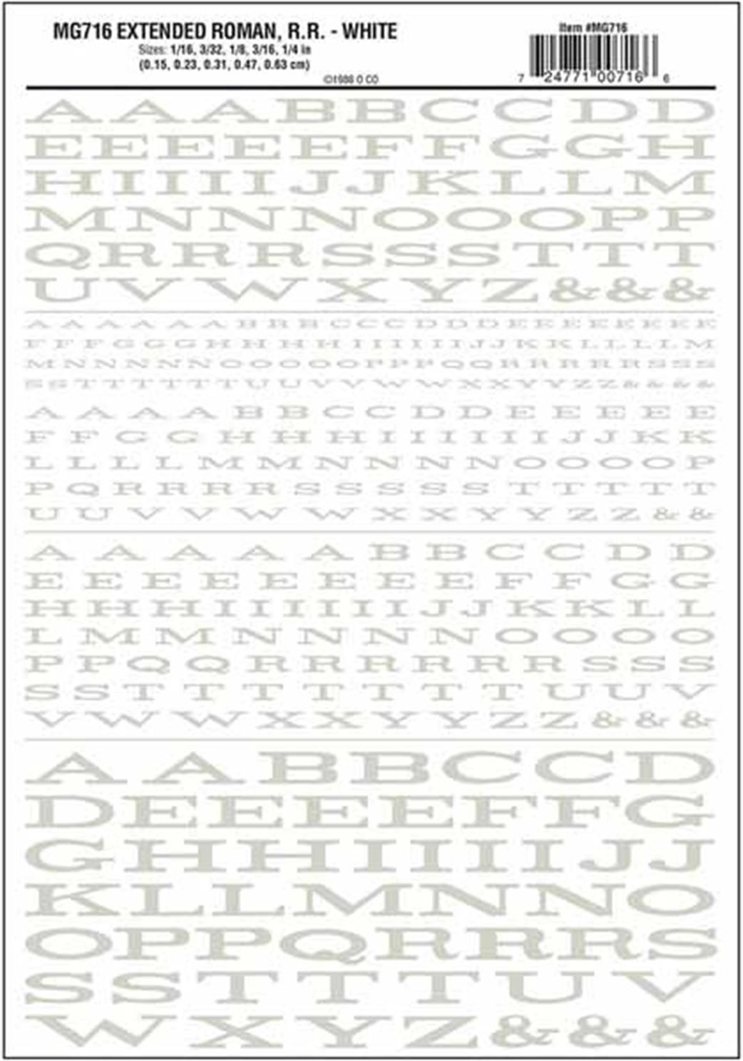 Woodland Scenics  MG716 Dry Transfer Decals Extended Railroad Roman Lettering White