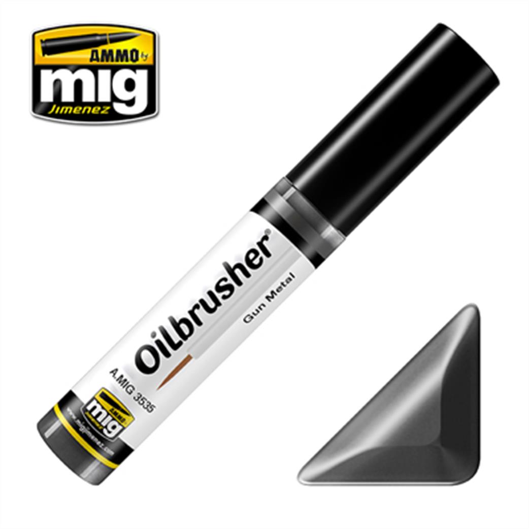 Ammo of Mig Jimenez  A.MIG-3535 Gun Metal Oilbrusher 10ml Oil paint with fine brush applicator