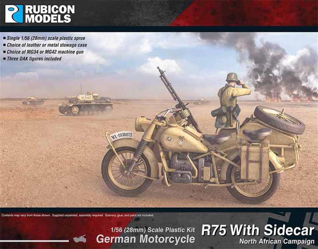 Rubicon Models 1/56 28mm 280052 German R75 Motorcylce with Sidecar DAK Afrika Korps Plastic Model Kit