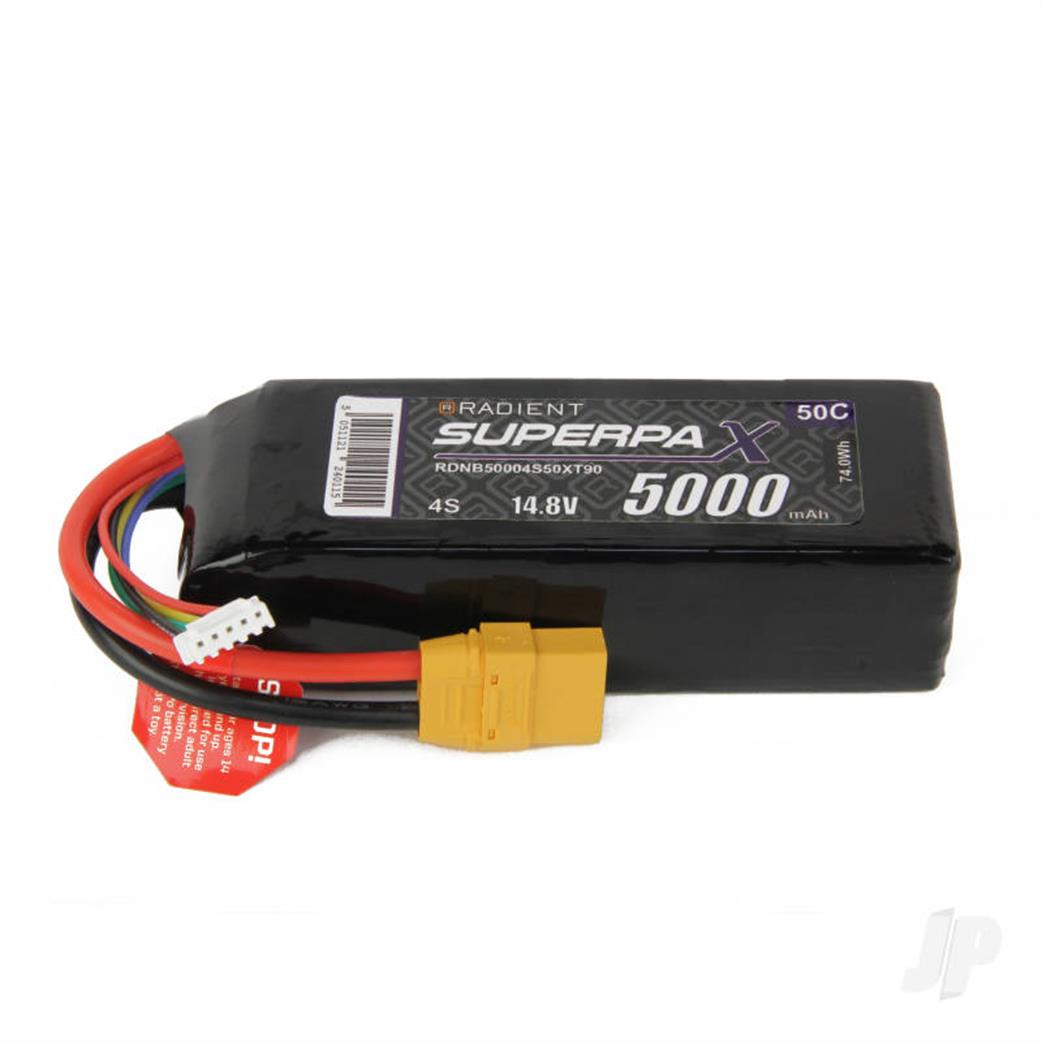 Radient  RDNB50004S50XT90 4 Cell 14.8v Lipo 5000Mah 50C Rated XT90 Connector