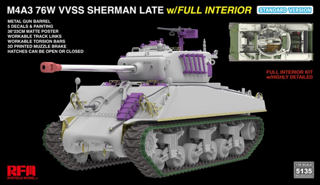 Rye Field Model 1/35 5135 M4A3 76W VVSS Sherman Late with Full Interior Kit