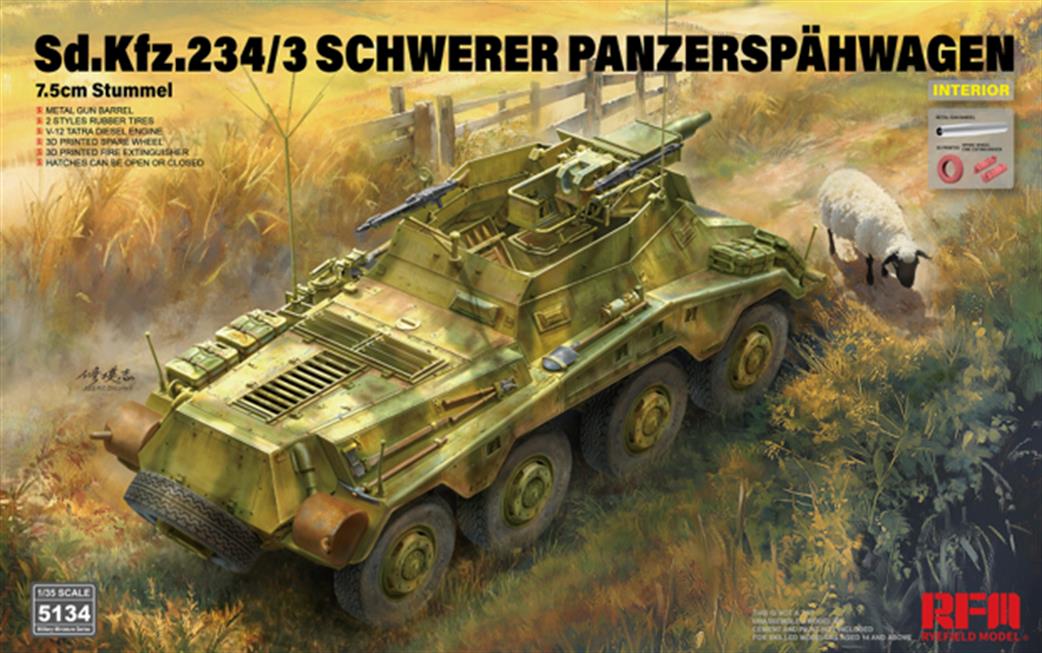 Rye Field Model 1/35 5134 Sd.Kfz.234/3 SCHWERER PANZERSPÄHWAGEN 7.5cm Stummel With full interior