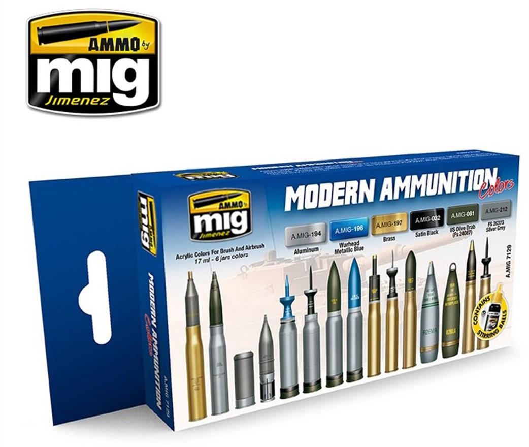 Ammo of Mig Jimenez  A.MIG-7129 Modern Ammunition Colours Set 6 x 17ml Bottles Of Acrylic Paint