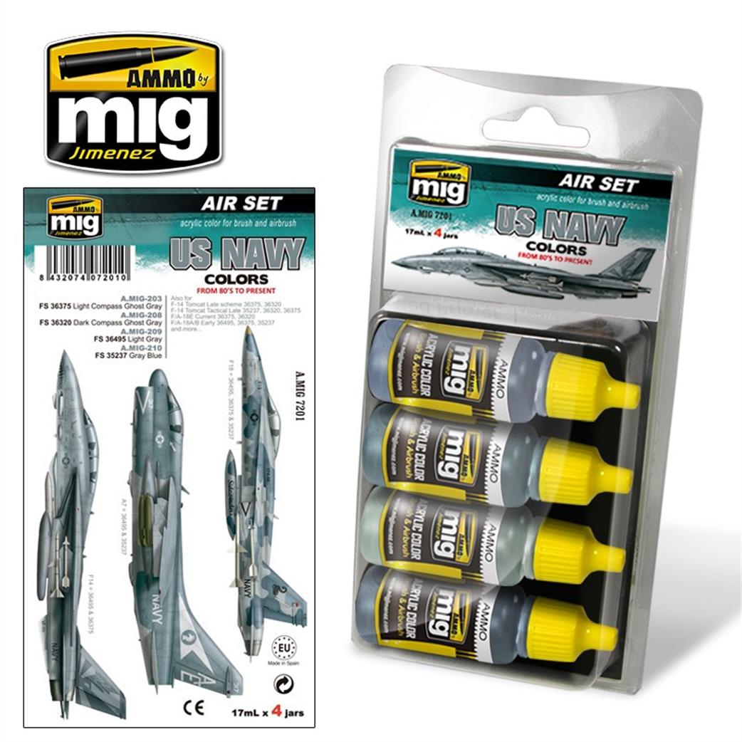 Ammo of Mig Jimenez  A.MIG-7201 US Navy Paint Set 1980-Present 4 x 17ml Dropper Bottles