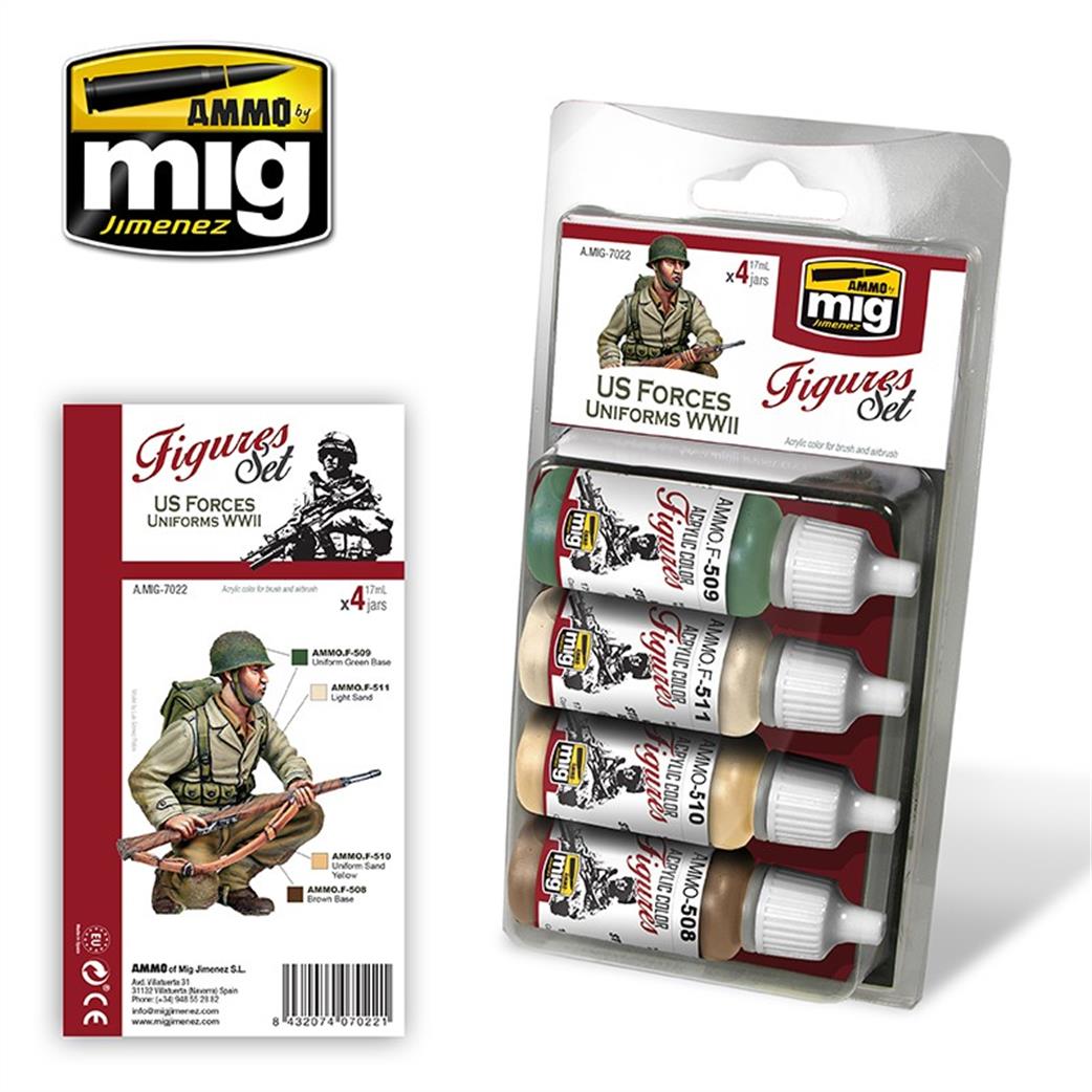 Ammo of Mig Jimenez  A.MIG-7022 US Forces Uniforms WW2 Paqint Set 4 X 17ml Jars