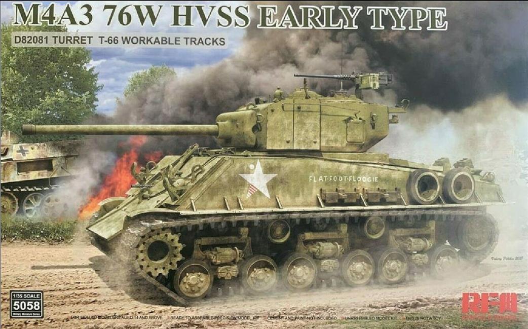 Rye Field Model 1/35 5058 Sherman M4A376W HVVS D82081 Turret T-66 Track Plastic Kit