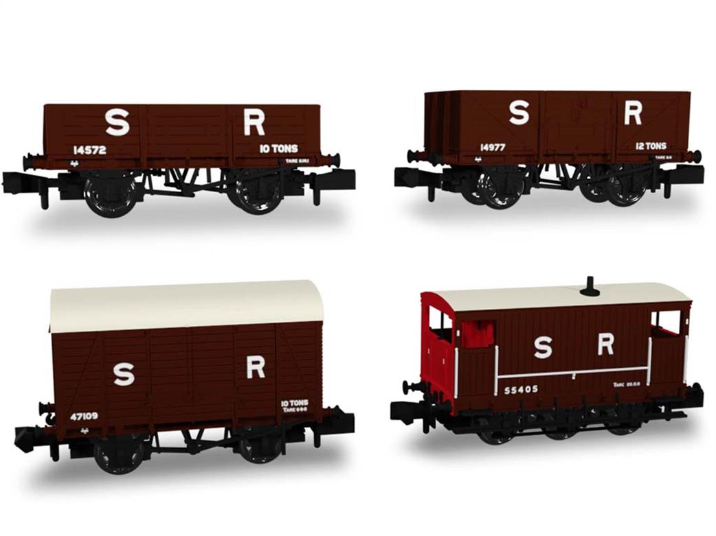 Rapido Trains N 942005 SR Freight Train Pack ex-SECR Box Van 5 & 7 Plank Opens and Brake Van SR Brown Large Lettering