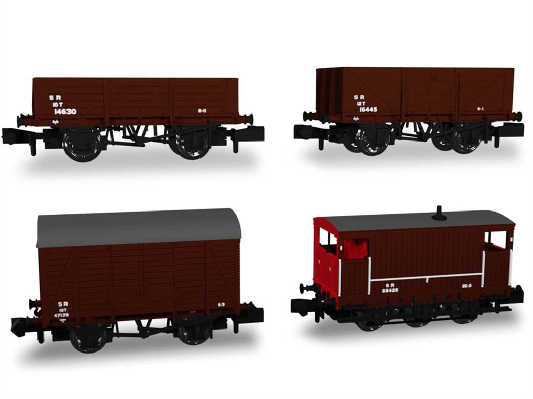 Rapido Trains N 942009 SR Freight Train Pack ex-SECR Box Van 5 & 7 Plank Opens and Brake Van SR Brown Small Lettering