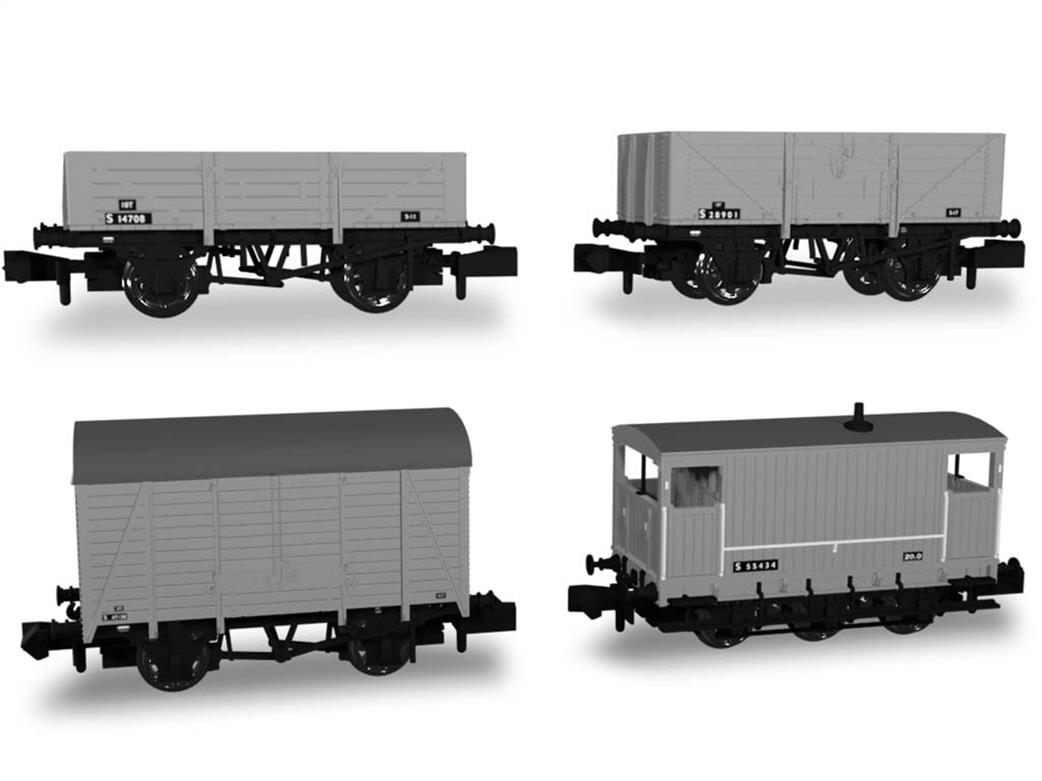 Rapido Trains N 942013 BR Freight Train Pack ex-SECR Box Van 5 & 7 Plank Opens and Brake Van BR Goods Grey