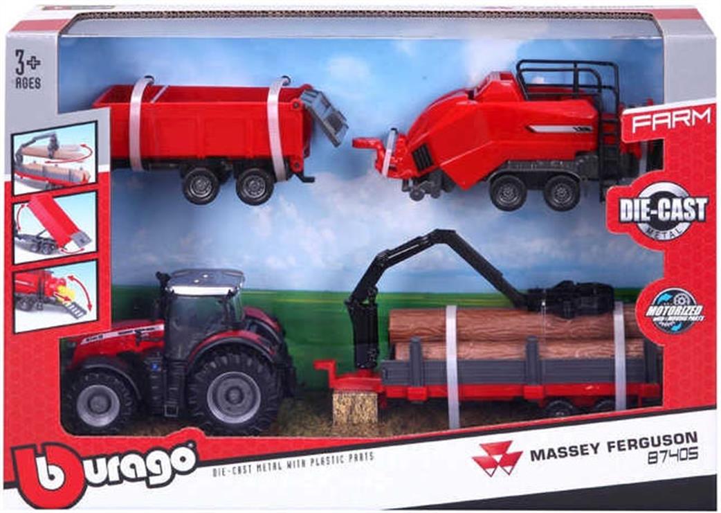 Burago 10CM B18-31668 Massey Ferguson Farm Tractor with 3 Trailers