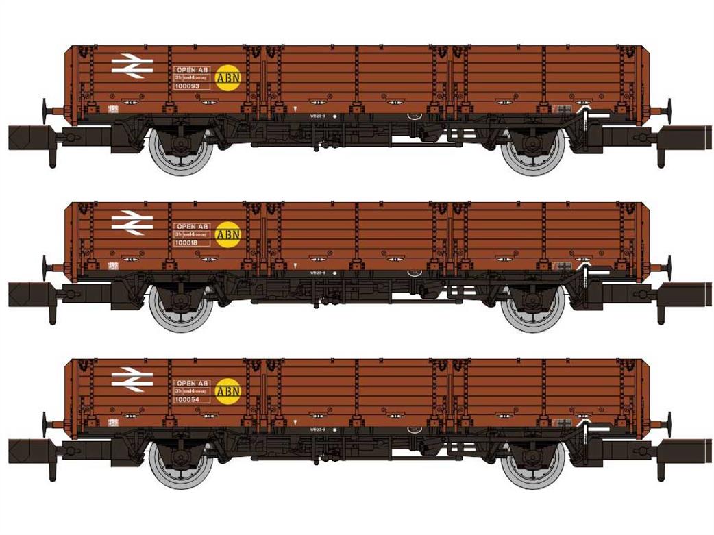 Rapido Trains N 956001 BR Open AB Long Wheelbase Open Wagons Triple Pack Freight Brown with Yellow ABN Spot