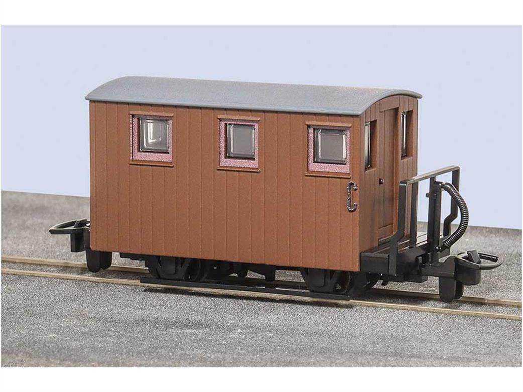 Peco OO9 GR-590UB Festiniog Railway 4 wheel Quarrymans & Goods Train Brake Van Single Balcony Brown Unlettered