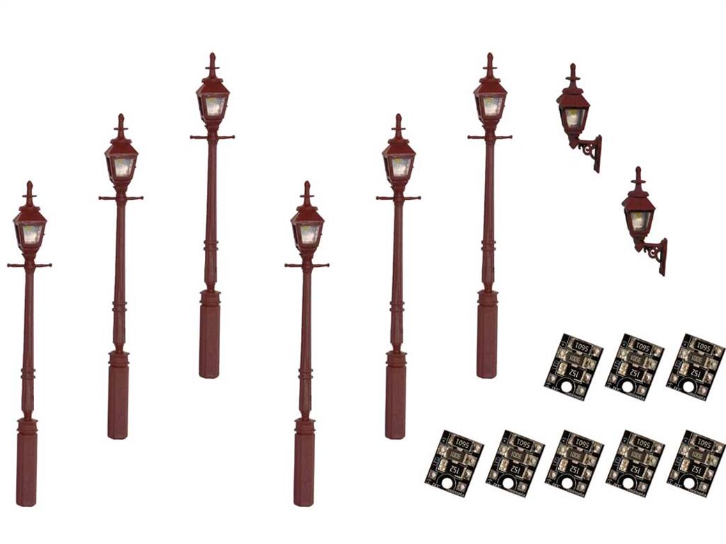 DCC Concepts OO LML-VPGMR Gas Lamps LED Lit Maroon 2 Wall 6 Street/Platform Lamps