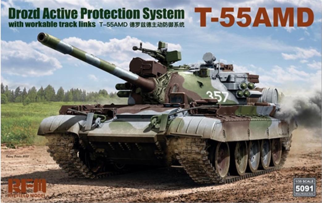 Rye Field Model 1/35 5091 Russian T-55AMD Tank with Drozd Active Protection System Plastic kit