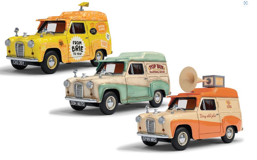 Corgi 1/43 CC80505 Wallace & Gromit Austin A35 Van Collection Cheese Please!, Top Bun, Spick & Spanmobile