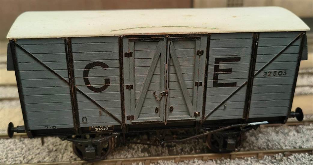 Preowned O Gauge WAGON43 Wooden built GE Box Van 32503