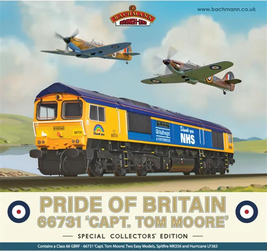 Graham Farish N 371-396K Pride of Britain Set, Class 66 Capt Tom Moore w/Spitfire & Hurricane Models.