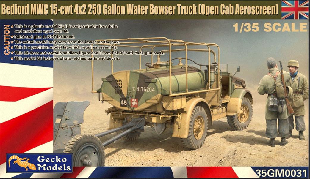 Gecko Models 1/35 35GM0031 Bedford MWC 15-cwt 4x2 200 Gallon Water Bowser Truck Open Cab Aeroscreen