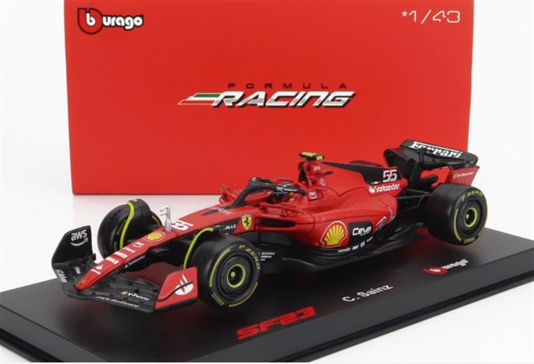 Burago 1/43 B18-36835S Ferrari SF-23 #55 2023 C.Sainz Scuderia Ferrari w/Helmet and Showcase Model