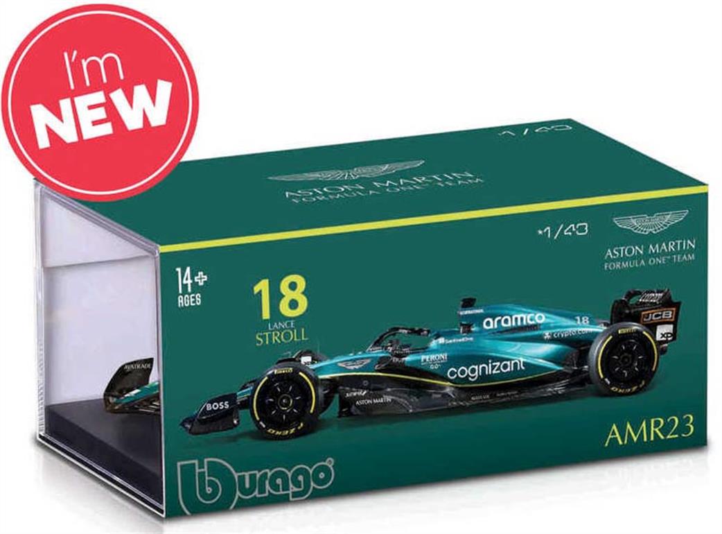 Burago 1/43 B18-38091S Aston Martin F1 2023 AMR23 #18 Lance Stroll w/Helmet and Showcase Model