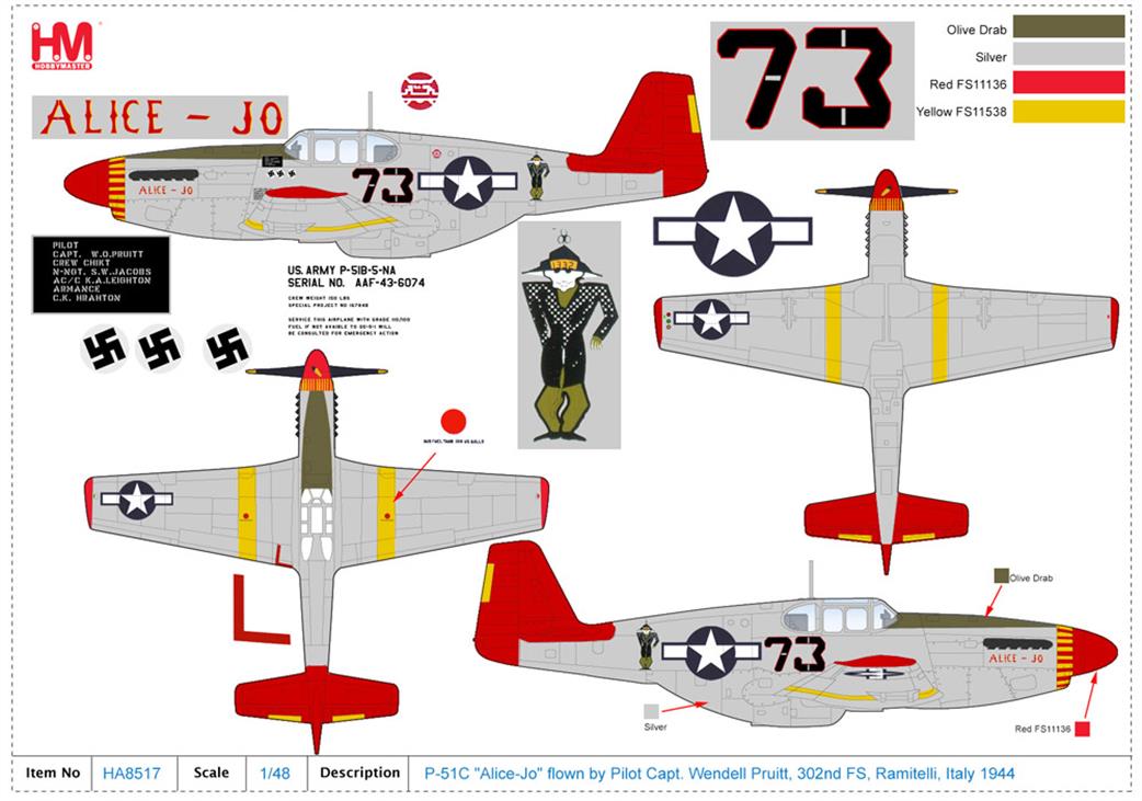 Hobby Master 1/48 HA8517 P-51C Mustang Alice-Jo Capt Wendell Pruitt Fighter Model