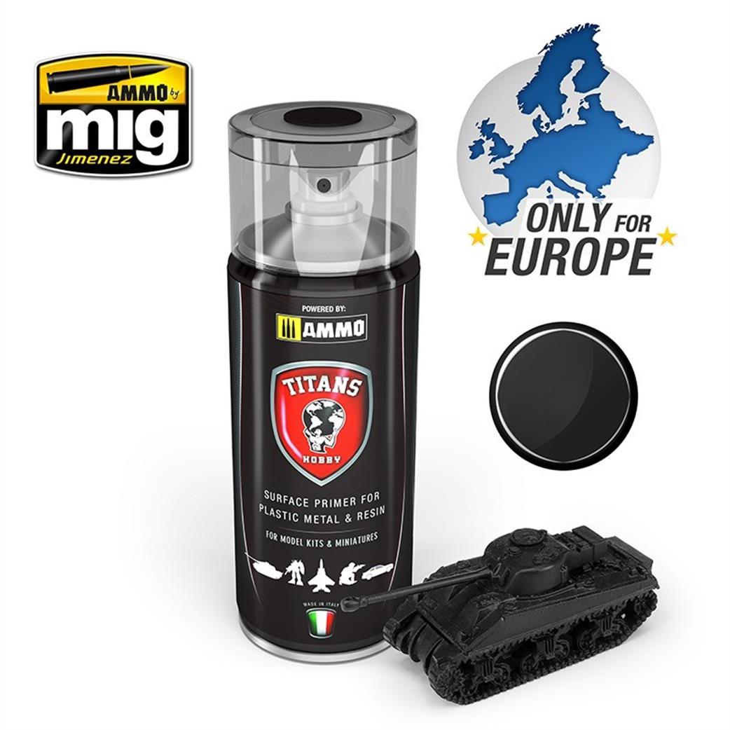 Ammo of Mig Jimenez  TTH100 Titans Hobby Black Primer 400Ml Spray Can