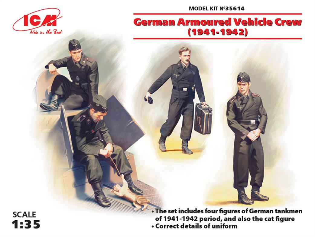 ICM 1/35 35614 German Armoured Vehicle Crew (1941-1942) 4 Figures & Cat