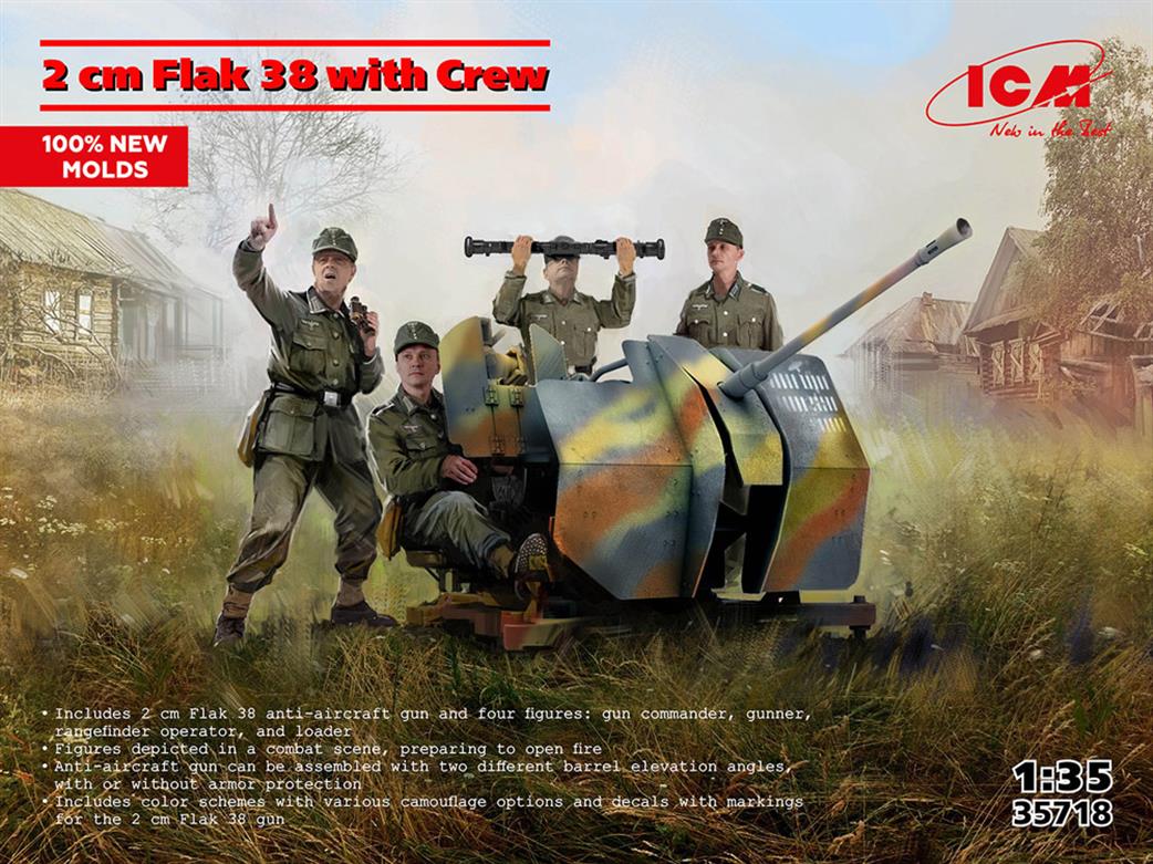 ICM 1/35 35718 Flak 38 with 4 Crew Figures  AA Gun Plastic Kit