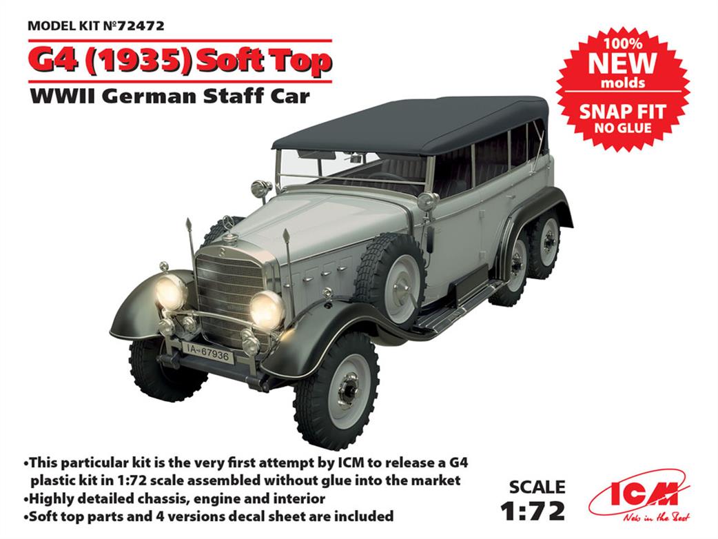 ICM 1/72 72472 G4 (1935) Soft Top, WWII German Staff Car, Snap Fit