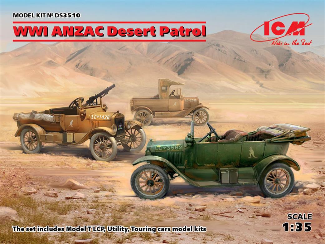 ICM 1/35 DS3510 WWI ANZAC Desert Patrol, Model T LCP, Utility & Touring Cars Set of 3