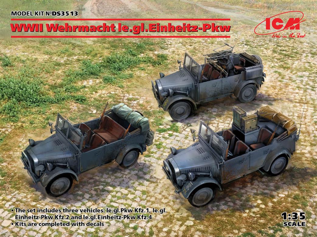 ICM 1/35 DS3513 WWII Wehrmacht le.gl.Einheitz-Pkw Cars (Set of 3)
