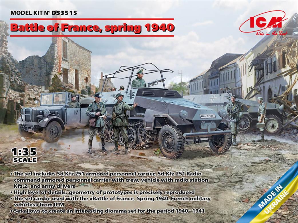 ICM 1/35 DS3515 Battle of France, Spring 1940 (Sd.Kfz 251 APC, Radio Command APC, Kfz.2 & Figures)