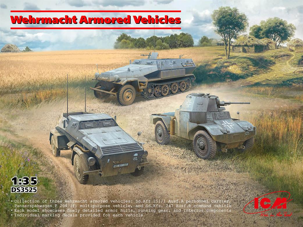 ICM 1/35 DS3525 Wehrmacht Armoured Vehicles (Sd.Kfz.251/1 Ausf.A, Panzerspähwagen P 204 (f), Sd.Kfz. 247 Ausf.B)