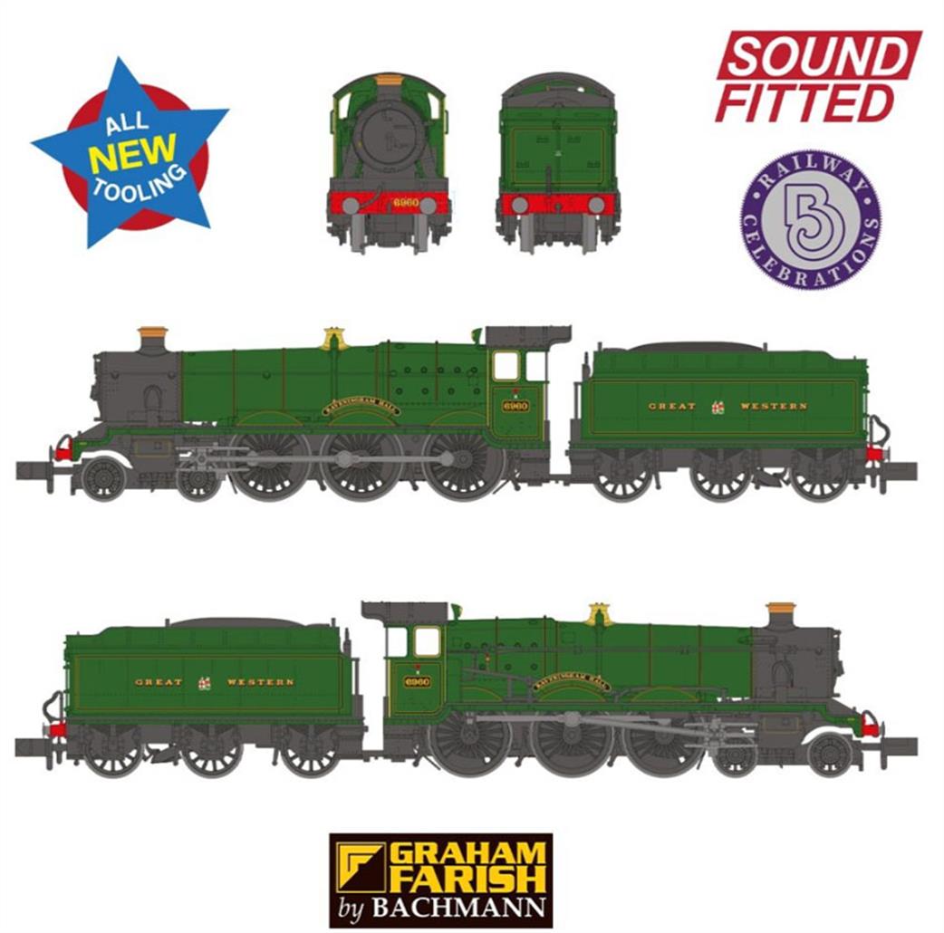 Graham Farish N 372-450SF GWR Modified Hall 6960 Raveningham Hall GWR Lined Green GW Crest DCC Sound Steam Locomotive